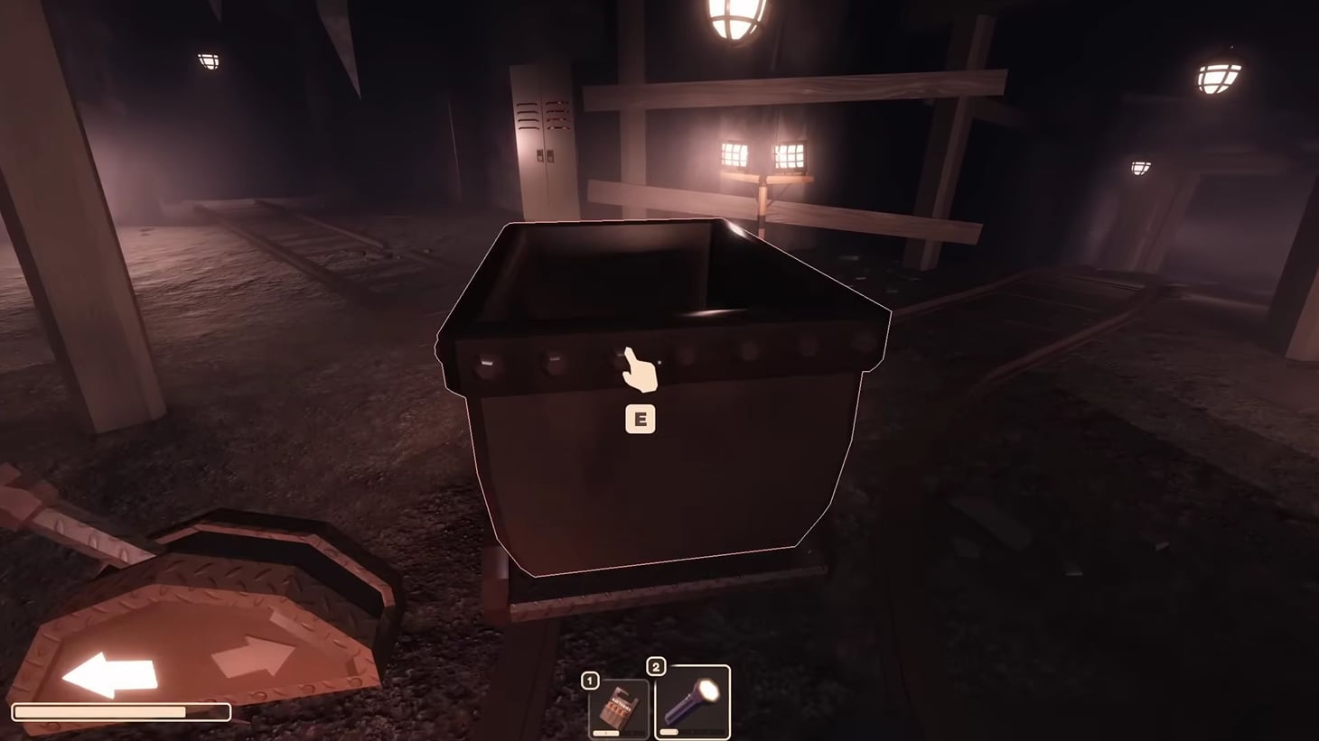 DOORS underground gameplay screenshot A DOORS player approaching an interactive minecart in a dim underground area