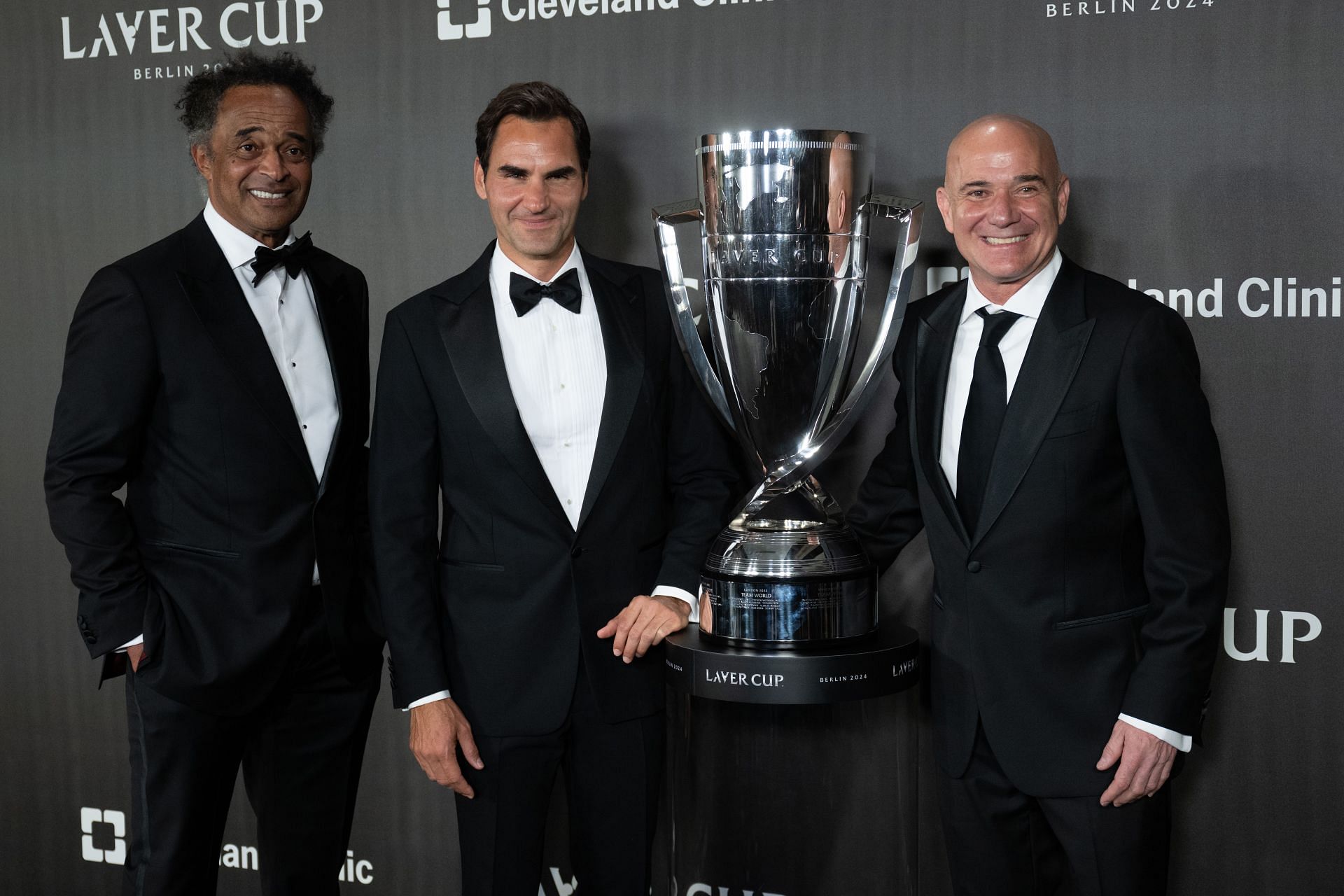 Roger Federer with next Laver Cup captains Yannick Noah and Andre Agassi (Source: Getty)