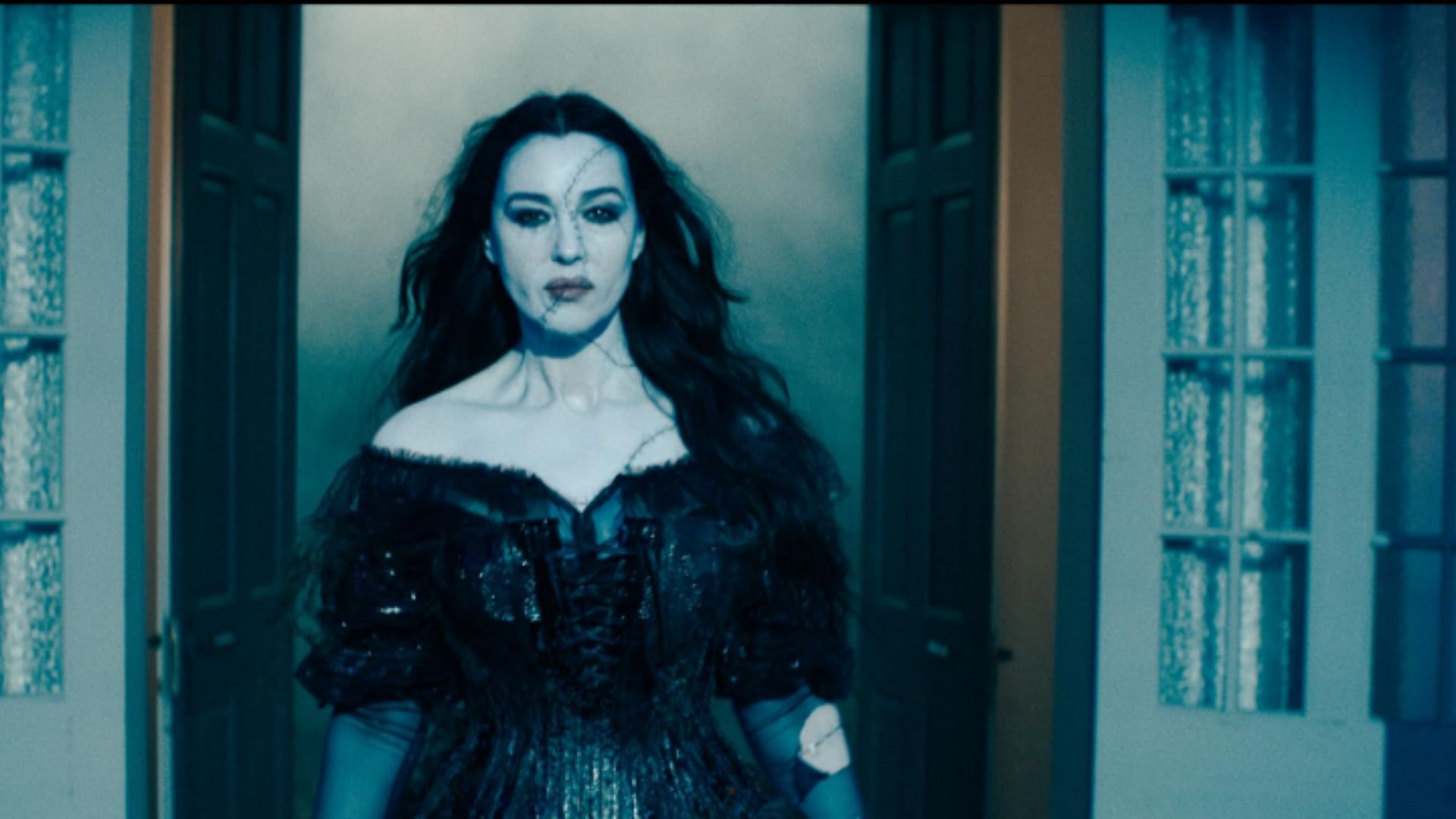 Monica Bellucci&rsquo;s black wedding gown (Image via Warner Bros. Pictures)