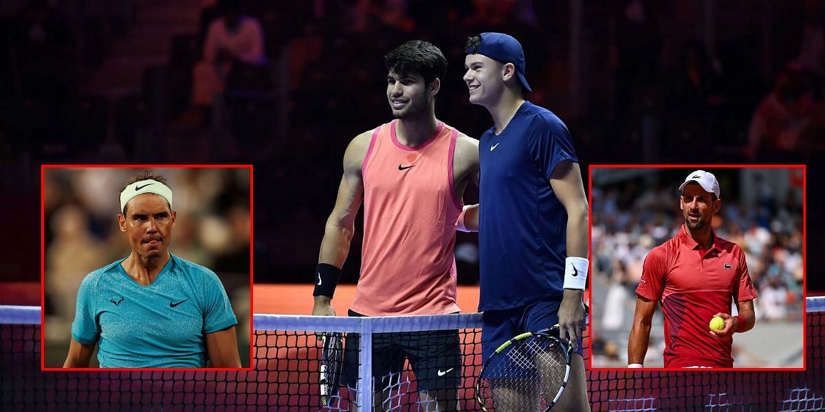 Six Kings Slam featuring (L-R) Rafael Nadal, Carlos Alcaraz, Holger Rune, and Novak Djokovic faces criticism | Getty