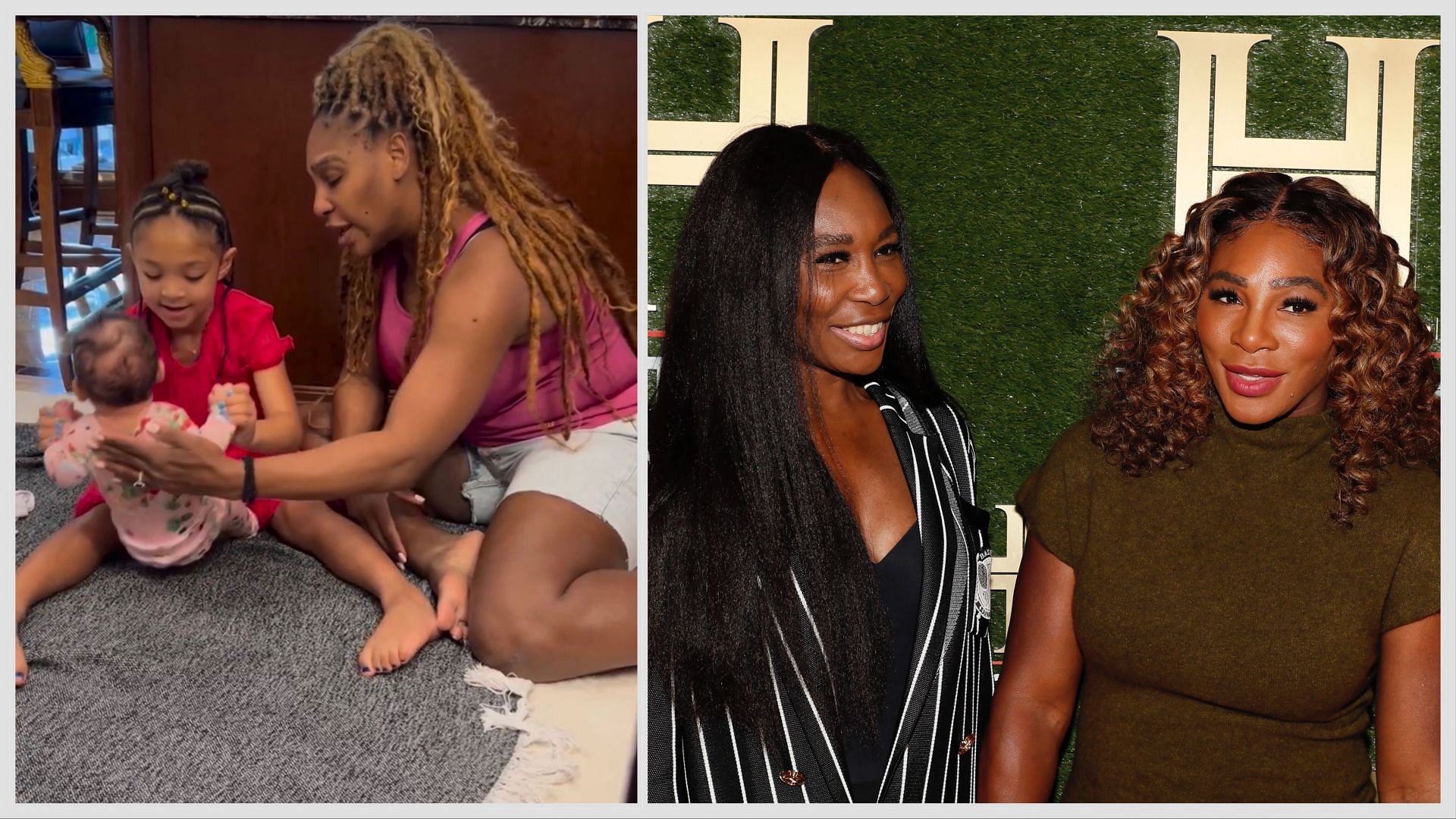 Serena Williams with her daughters Olympia &amp; Adira (L) &amp; Williams with her sister Venus Williams (R) [Image Source: Getty Images ; Instagram/Serena Williams]