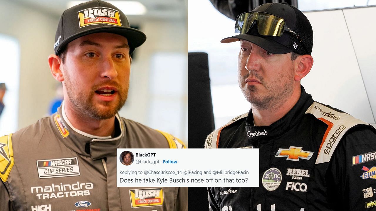 Chase Briscoe and Kyle Busch (Left Image credit Getty, Right Image credit Imagn, Tweet via X user @TrashPandaJesus)