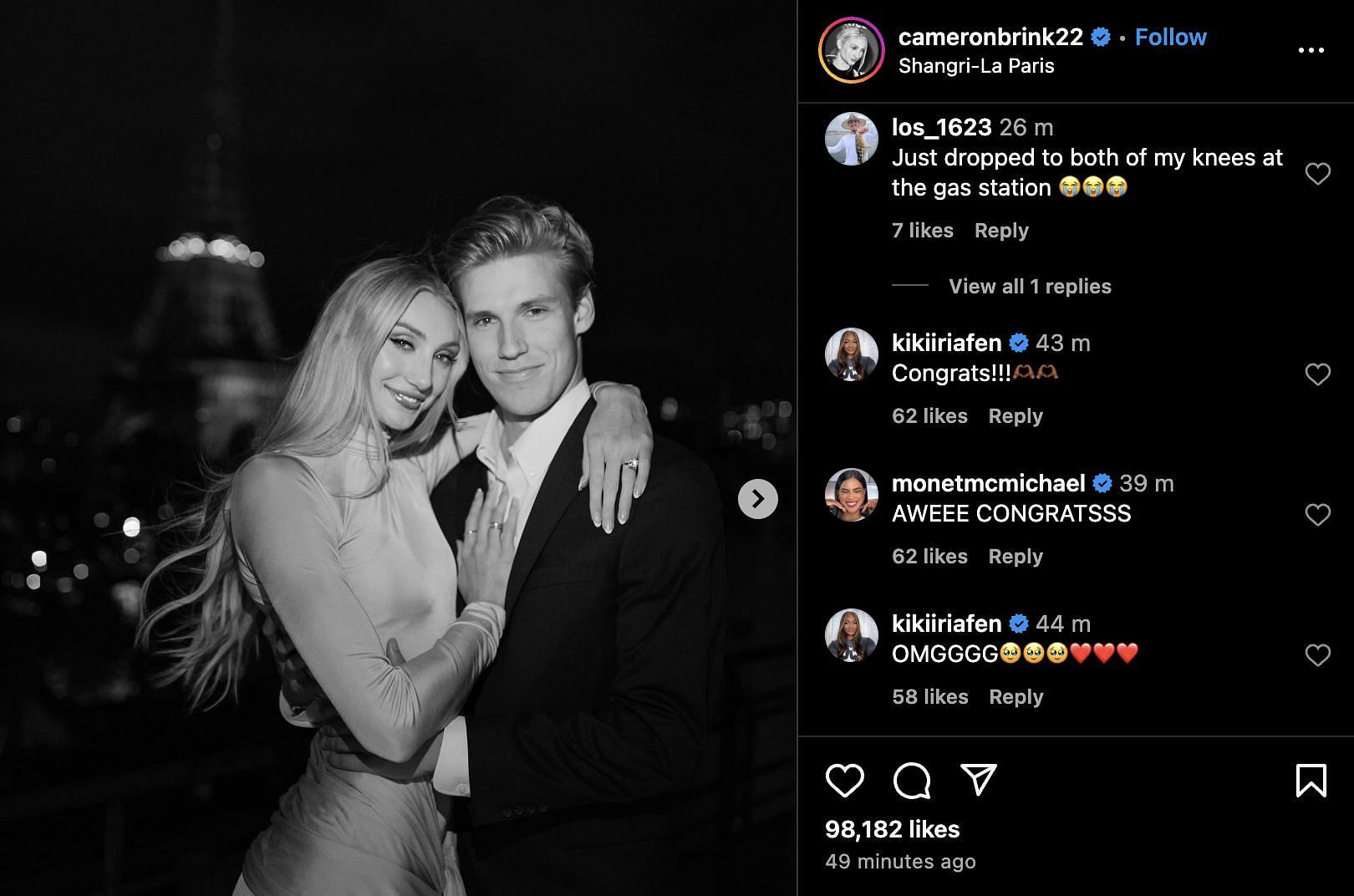 Kiki Iriafen&#039;s reaction to Cameron Brink&#039;s engagement (Credit: Instagram/@cameronbrink22)