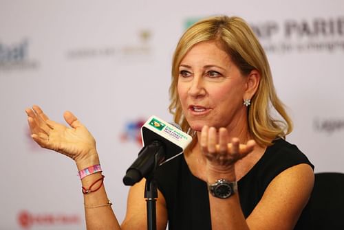 Chris Evert pictured at a press conference | Image Source: Getty