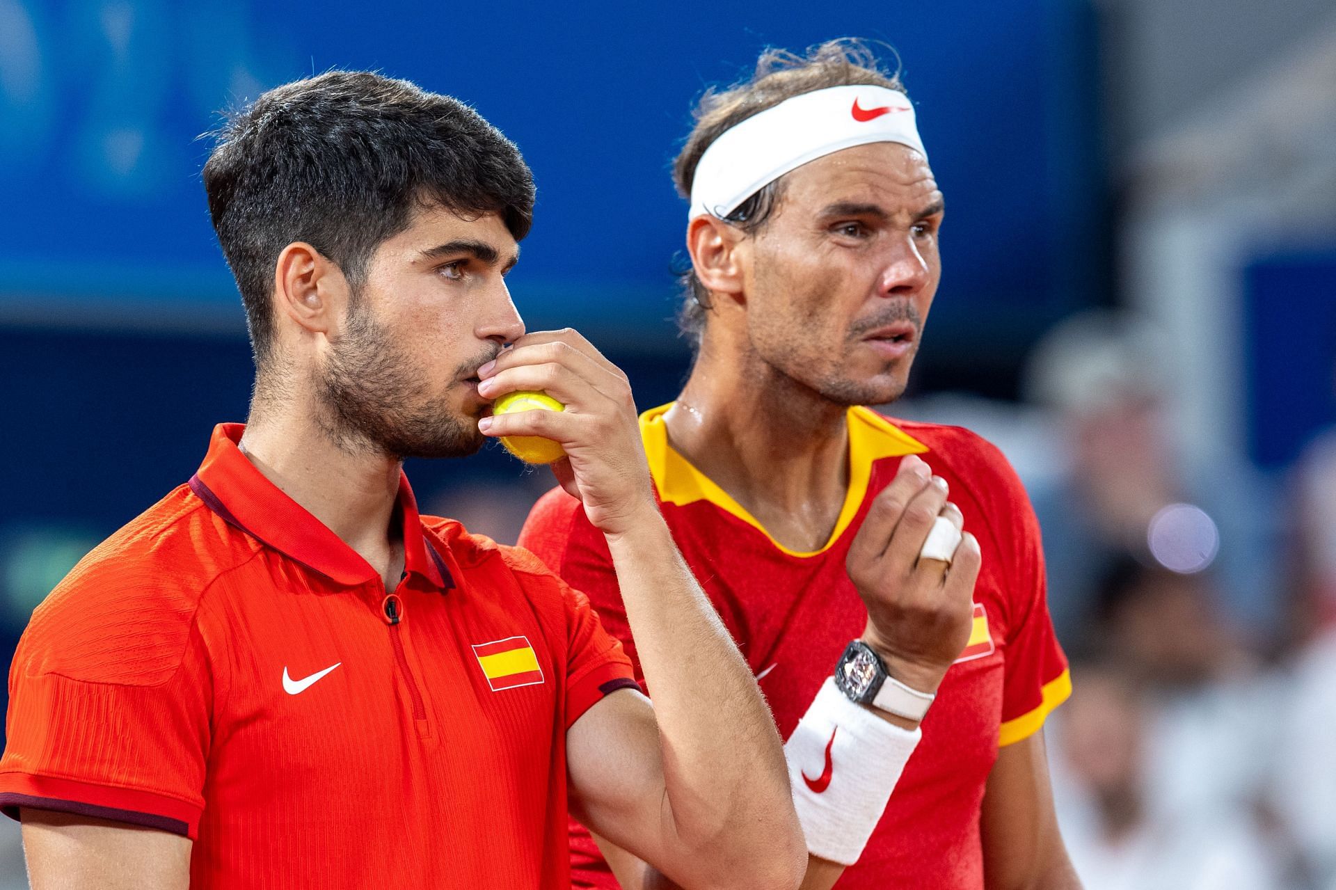 Carlos Alcaraz (L) and Rafael Nadal at the Olympic Games Paris 2024 (Image: Getty)