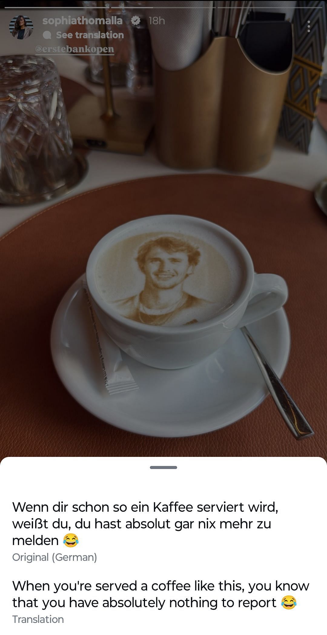 Alexander Zverev&#039;s girlfriend Sophia Thomalla amused after being served coffee with the German&#039;s face. Source:Instagram/sophiathomalla