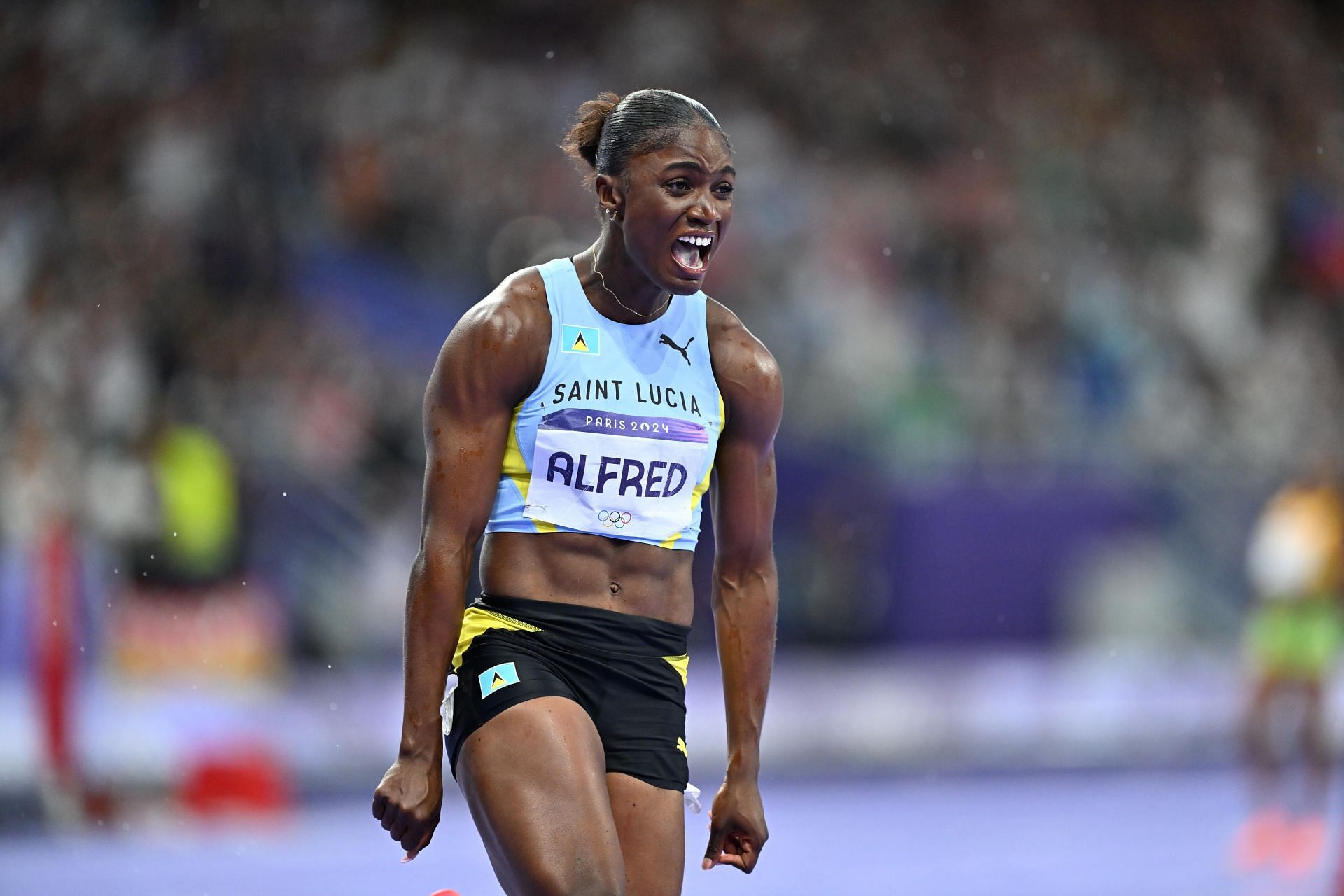 Alfred during the 2024 Paris Olympics 100m finals at the Stade de France (Image via Getty Images)