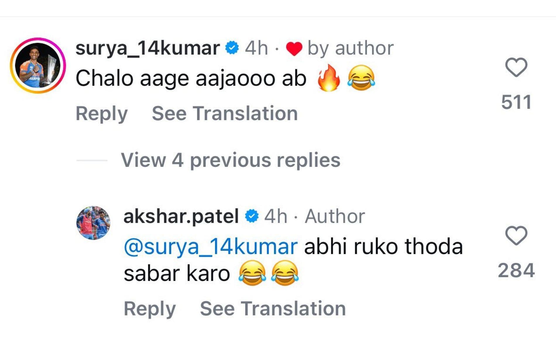 Screenshot of Suryakumar and Axar's comments. (Image Credit: Instagram)