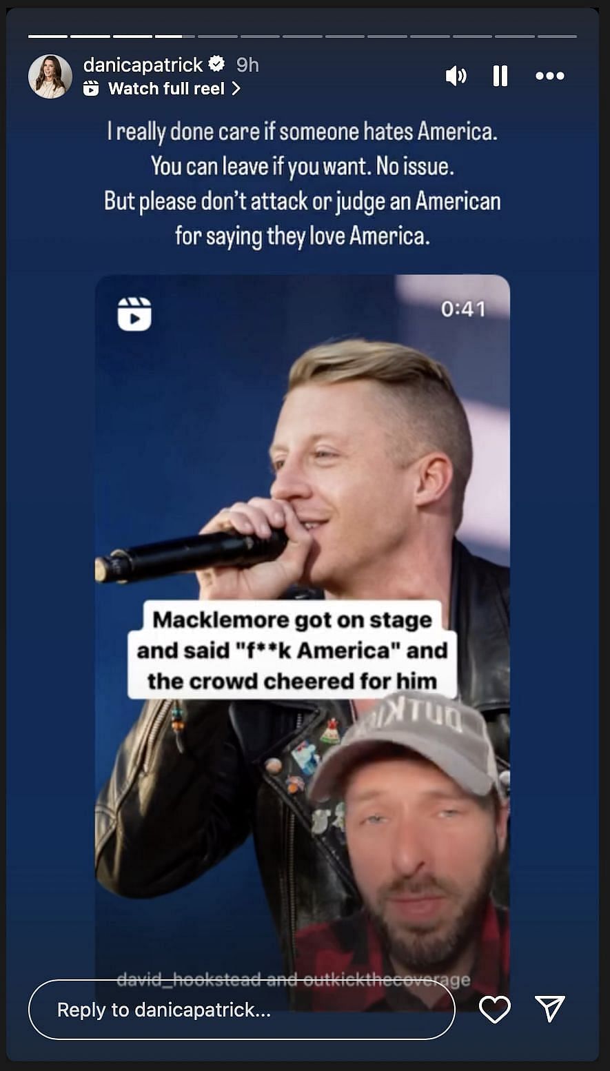 Danica Patrick responded to Macklemore&#039;s explicit comments against America - Source: @danicapatrick on Instagram