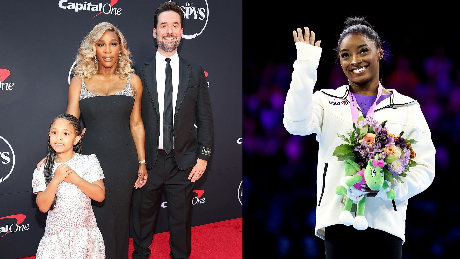 Serena Williams, Alexis Ohanian and Olympia (L) at Simone Biles (R) led Gold Over America Tour; (Source - Getty Images)