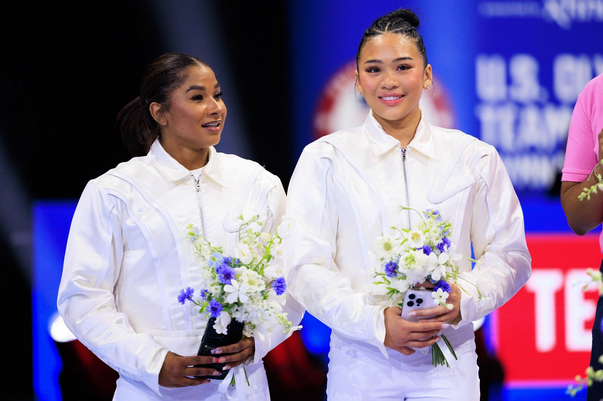 Suni Lee and Jordan Chiles after qualifying for Paris at the U.S. Olympic Gymnastics Trials Women&#039;s Day 2 - Source: Getty