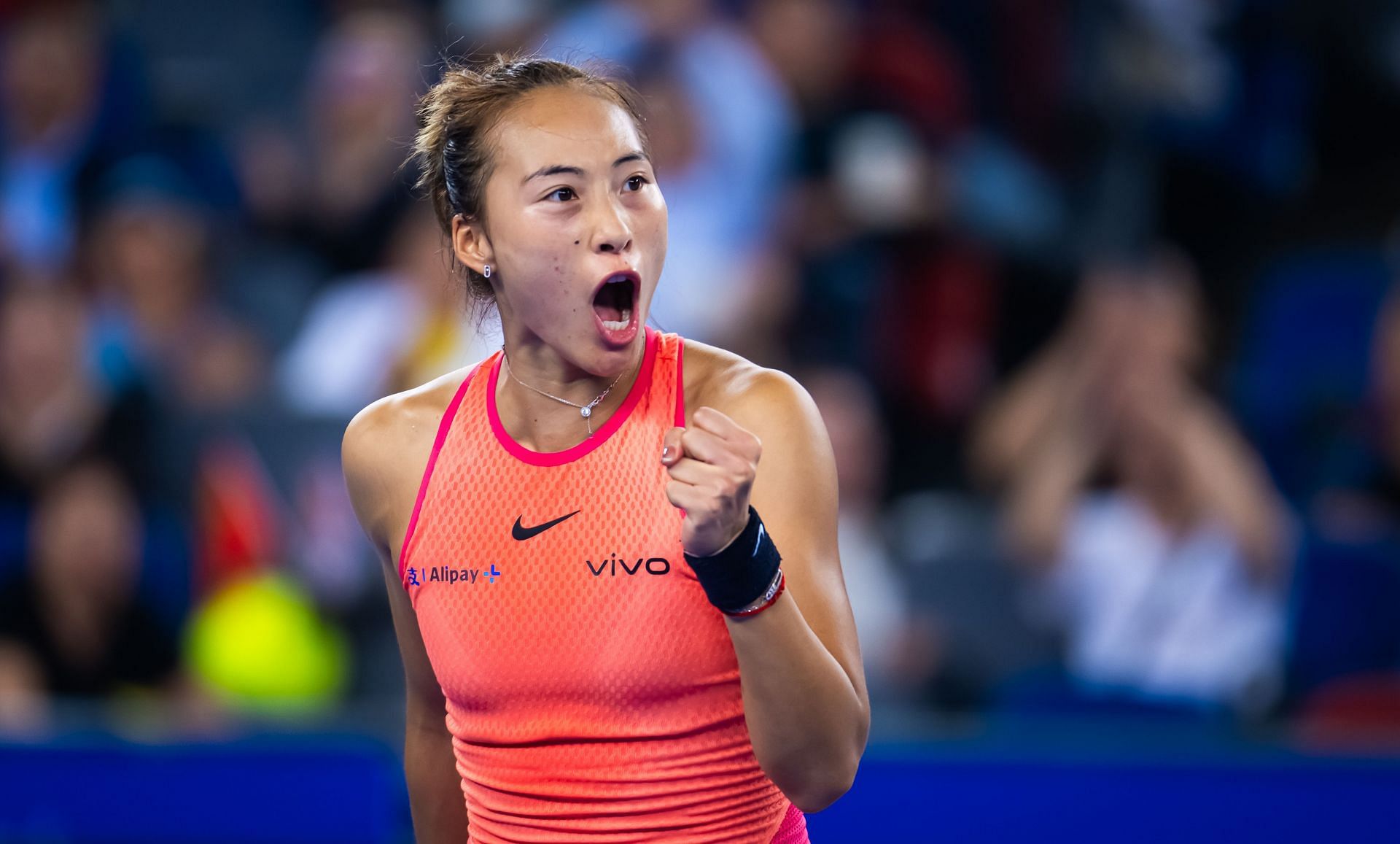 Zheng celebrates a point in the 2024 Wuhan Open - Source: Getty