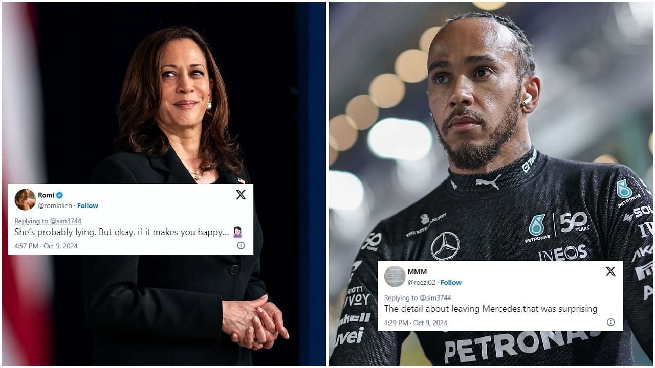 Lewis Hamilton fans react after Kamala Harris claims 7-time F1 champion to be her favorite driver (Images from @romialien and @reezi02 on X and Getty Images)