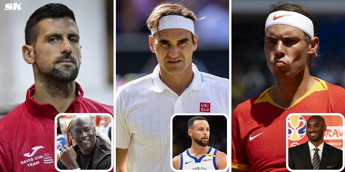 (From L to R) Novak Djokovic, Roger Federer, and Rafael Nadal; (inset) Michael Jordan, Steph Curry, and Kobe Bryant | (Images: Getty)