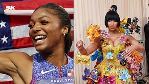 Gabby Thomas turns heads as she flexes her Olympic gold medals alongside Nicki Minaj at Vogue Forces of Fashion