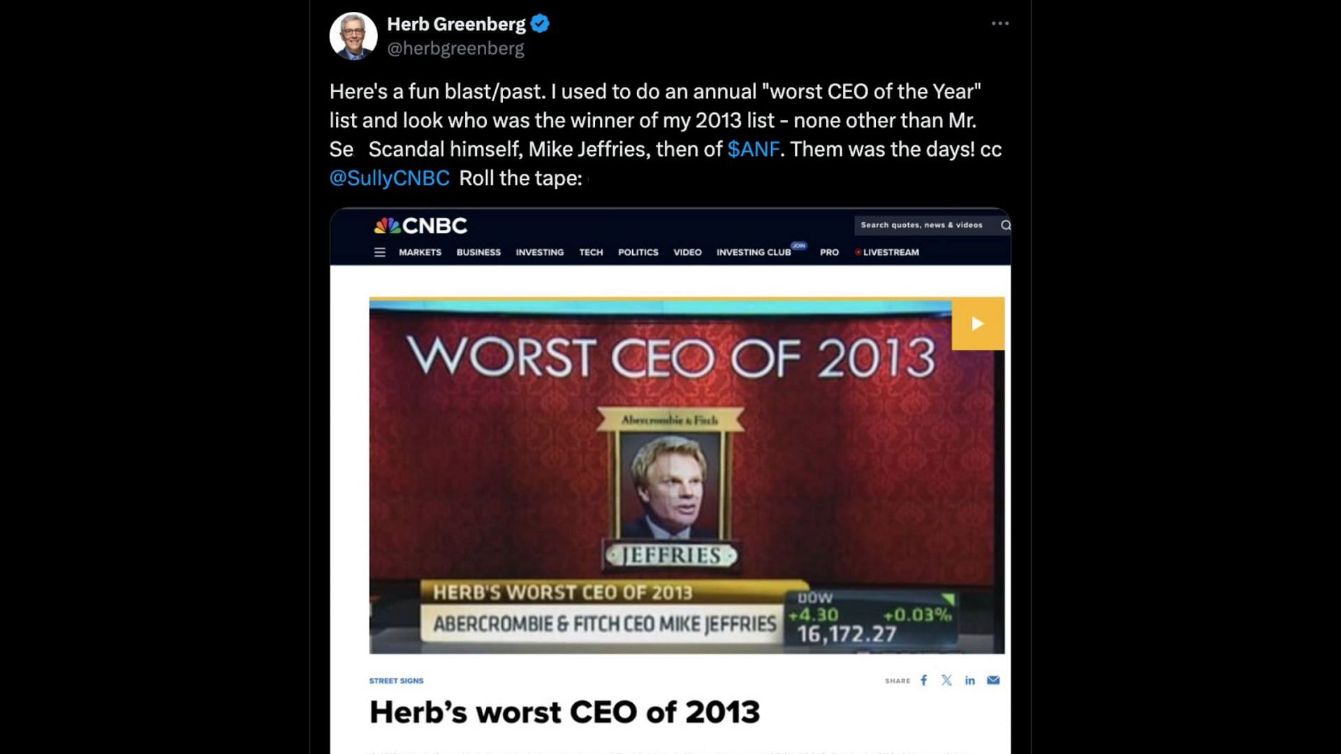 Mike Jeffries listed as the Worst CEO in 2013 (Image via X/@herbgreenberg)