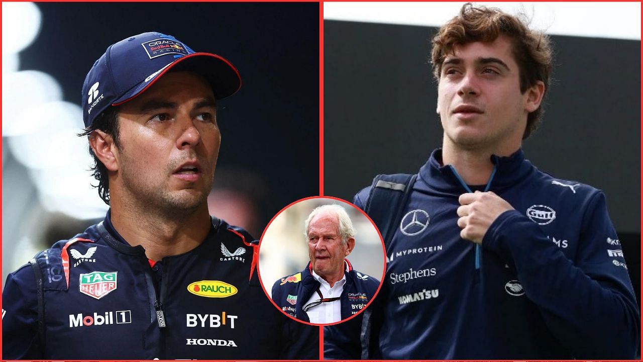 In Picture: Sergio Perez, Franco Colapinto (L-R), and Helmut Marko (circle). Credit: Getty Images 