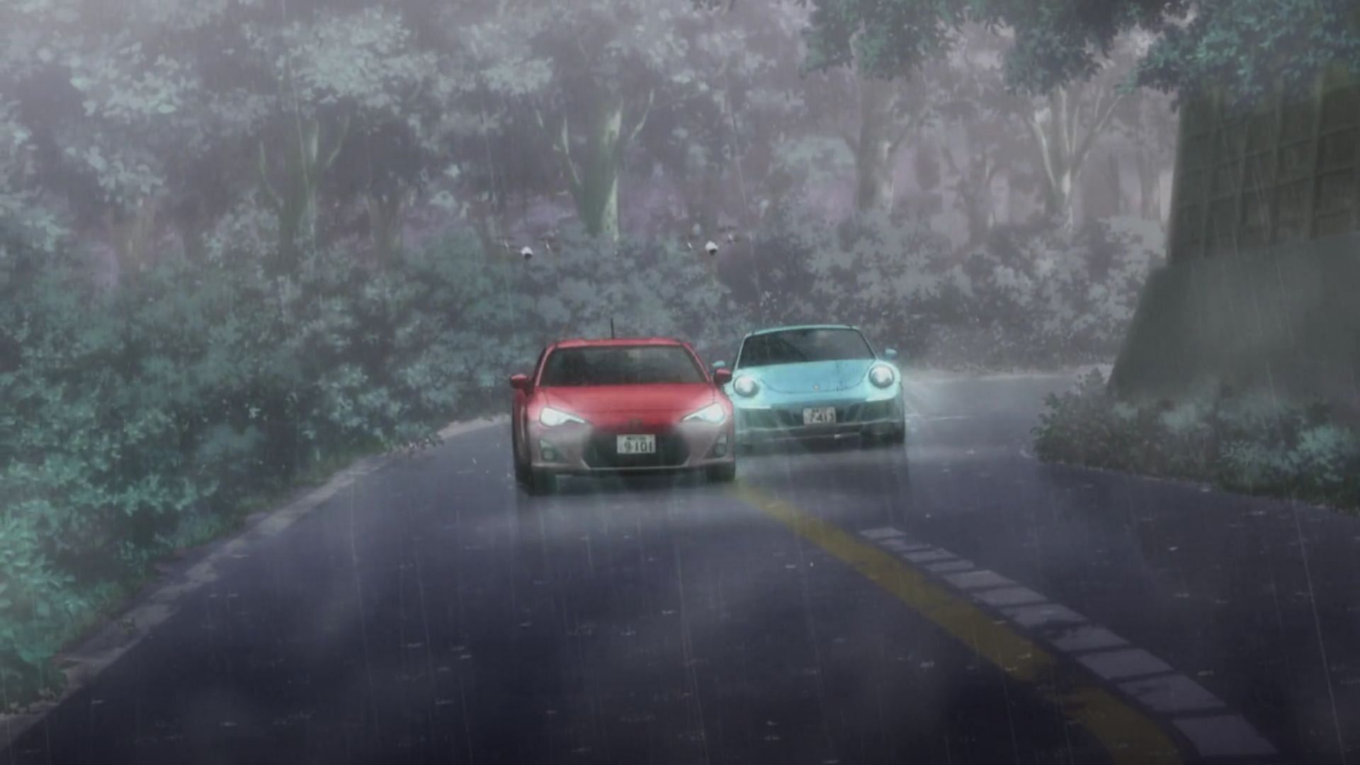 Kanata&#039;s Toyota and Taylor&#039;s Porsche as seen in MF Ghost season 2 episode 3 (Image via Felix Film)