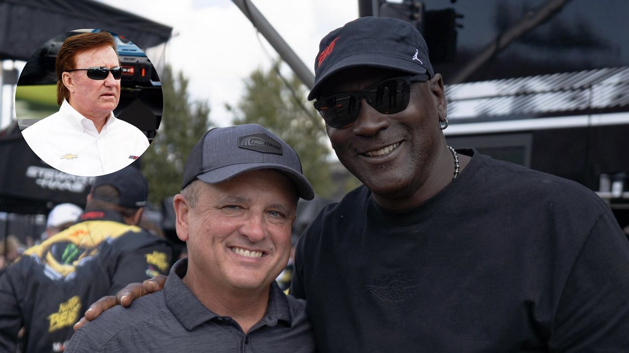 Richard Childress, Bob Jenkins and Michael Jordan (Background Image via 23XI Racing on X, Inset via Imagn)