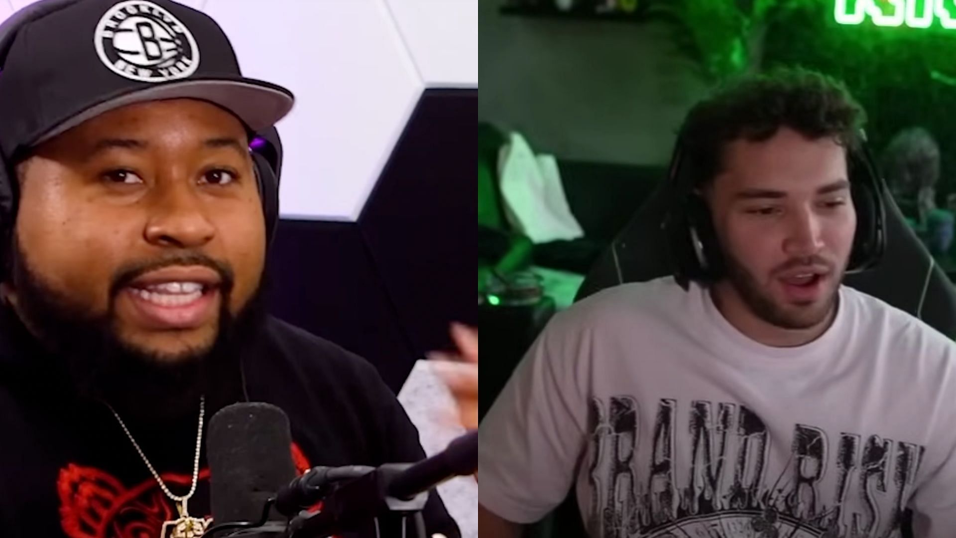 Twitch banned DJ Akademiks for the fourth time in his career (Images via @MWORTHOFGAME, Adin Ross VOD/YouTube)   