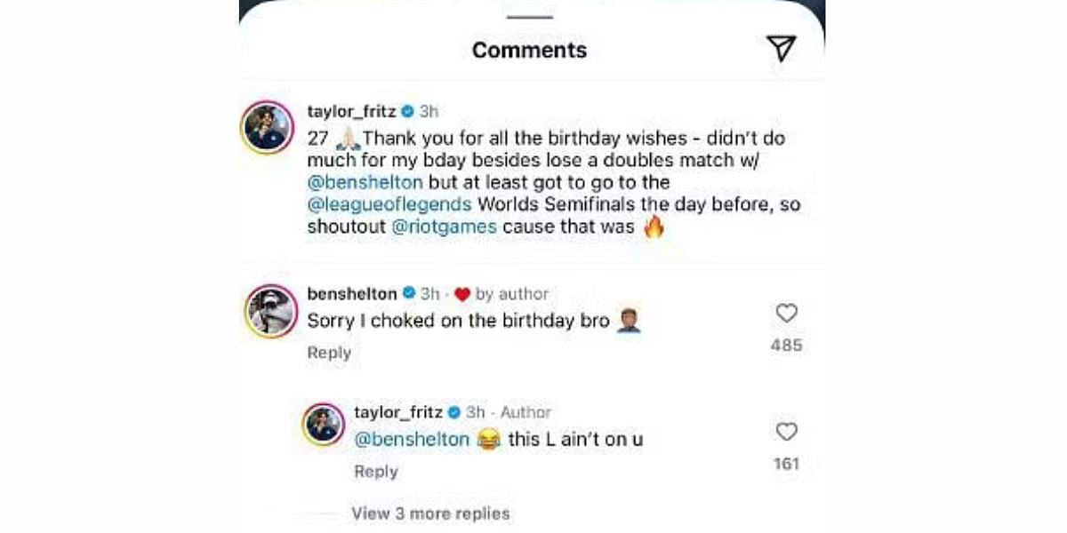 Ben Shelton and Taylor Fritz's comments on the latter's Instagram post (Source: instagram.com/p/DBuTRuNOcJP)