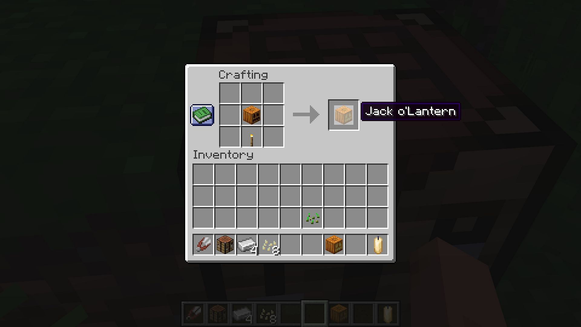 Place the materials in this format to craft the Jack-o&#039;-lantern (Image via Mojang Studios)