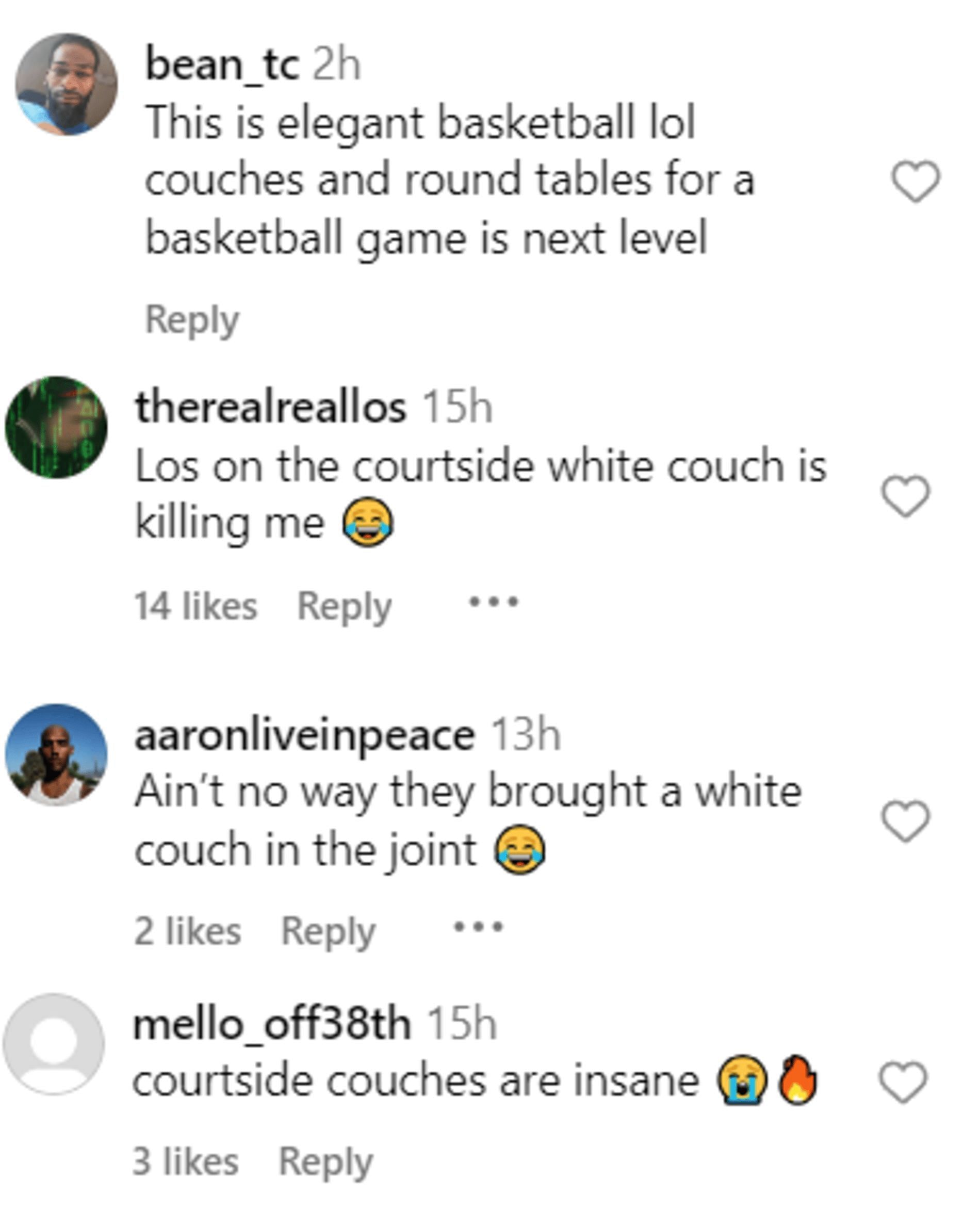 Fans comment on couches found courtside during Border League game