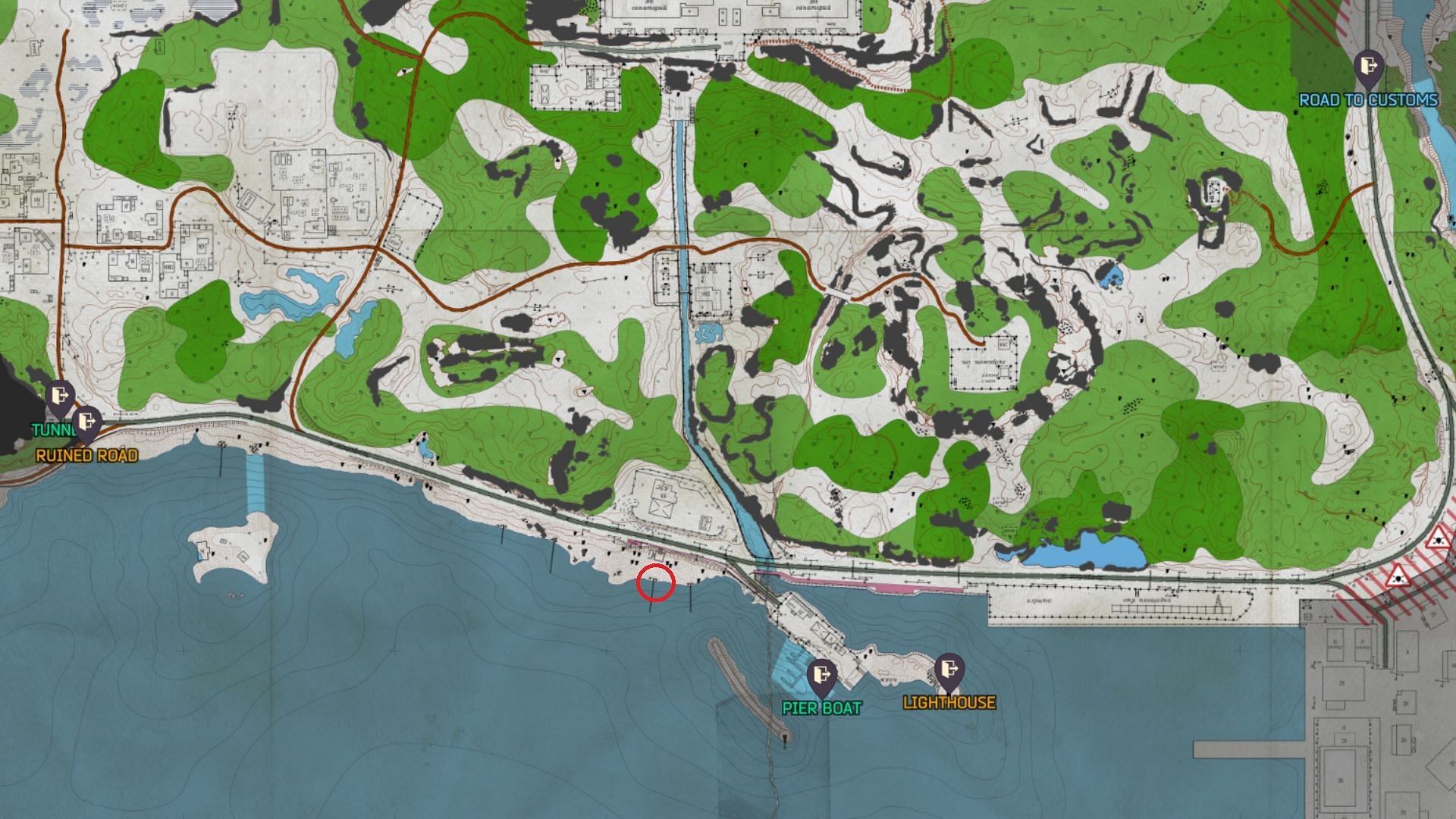 The boat location on Shoreline (Image via Battlestate Games || Map Genie)