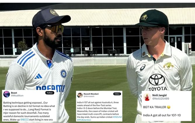 "BGT ka trailer" - Fans react as India A get bowled out for 107 in 1st unofficial Test against Australia A