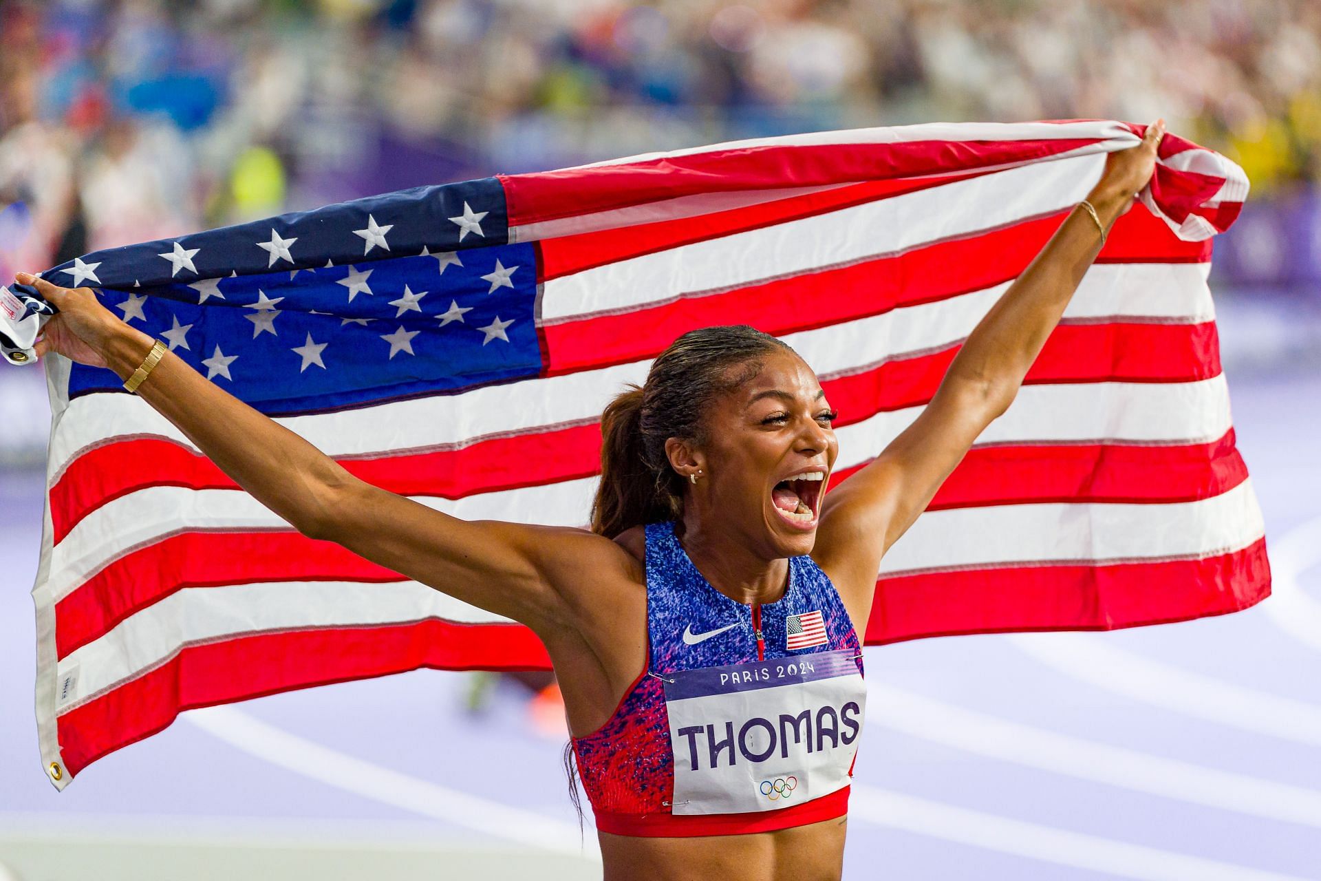 Gabby Thomas at Paris Olympics. (Photo by Andy Cheung/Getty Images)