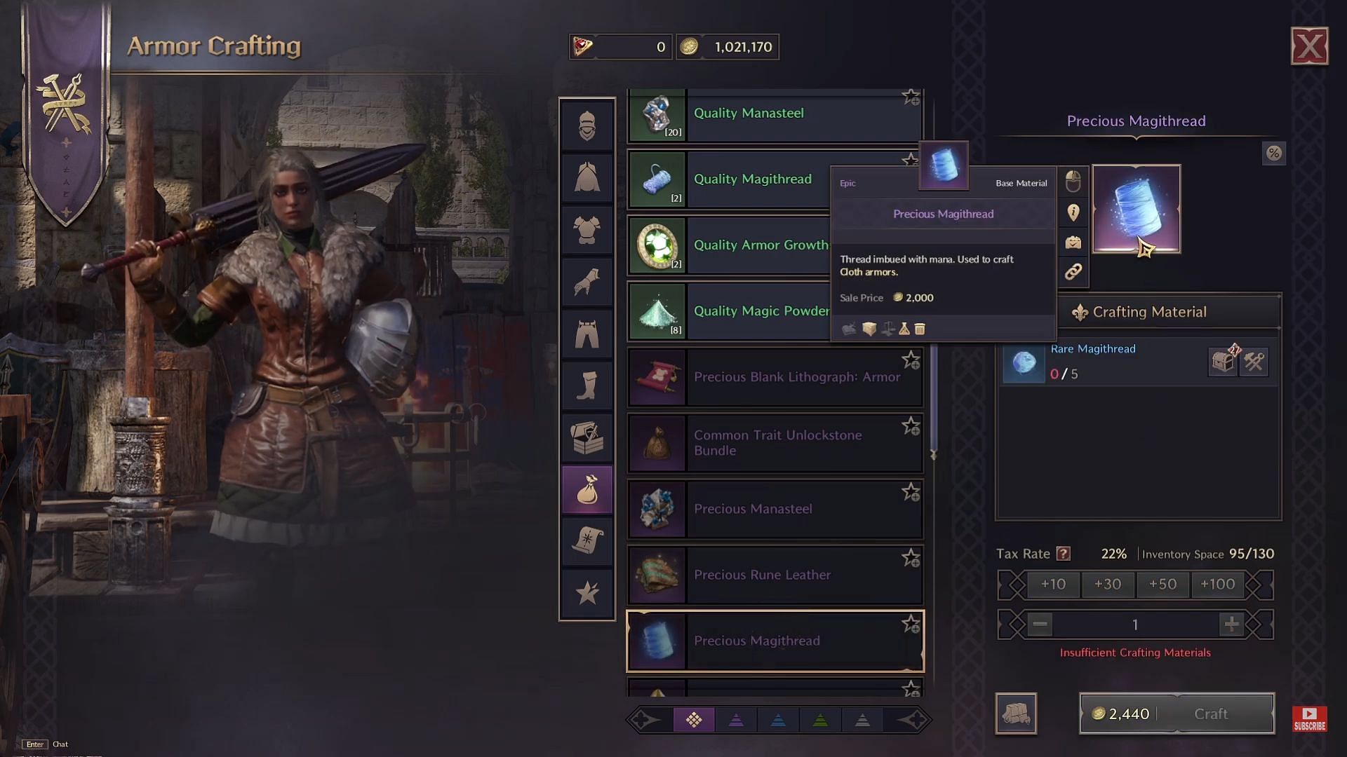 You can use Quality Magithread to craft the Precious version from Armor vendors in the game (Image via NCSOFT, YouTube/@JaviHerobrine)