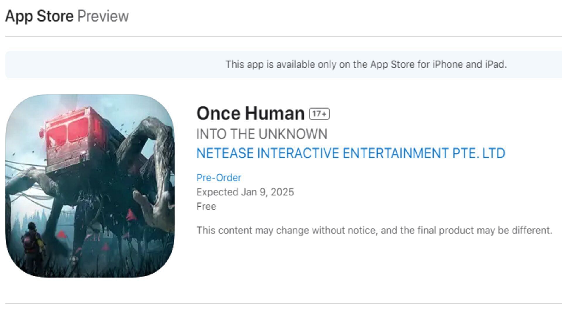 Once Human Mobile release date as seen on the iOS App Store (Image via Apple)