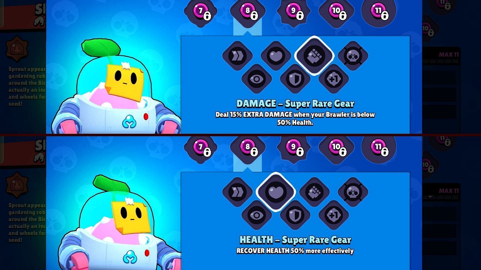 Health and Damage Super Rare Gear for Sprout build in Brawl Stars (Image via Nuverse)