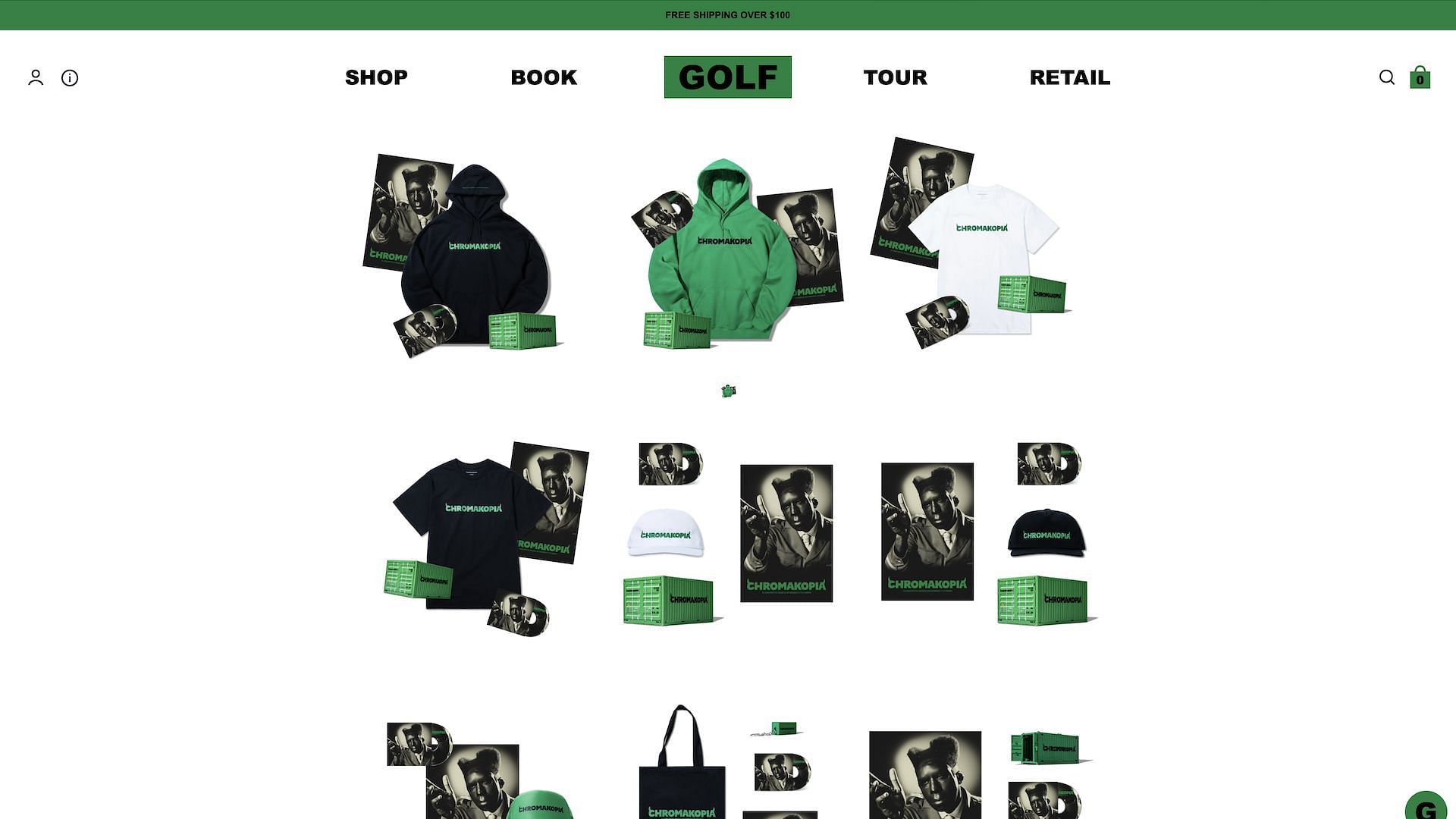 Merchandise voor 'Chromakopia' tentoongesteld op de website van Tyler The Creator (afbeelding via golfwang.com)