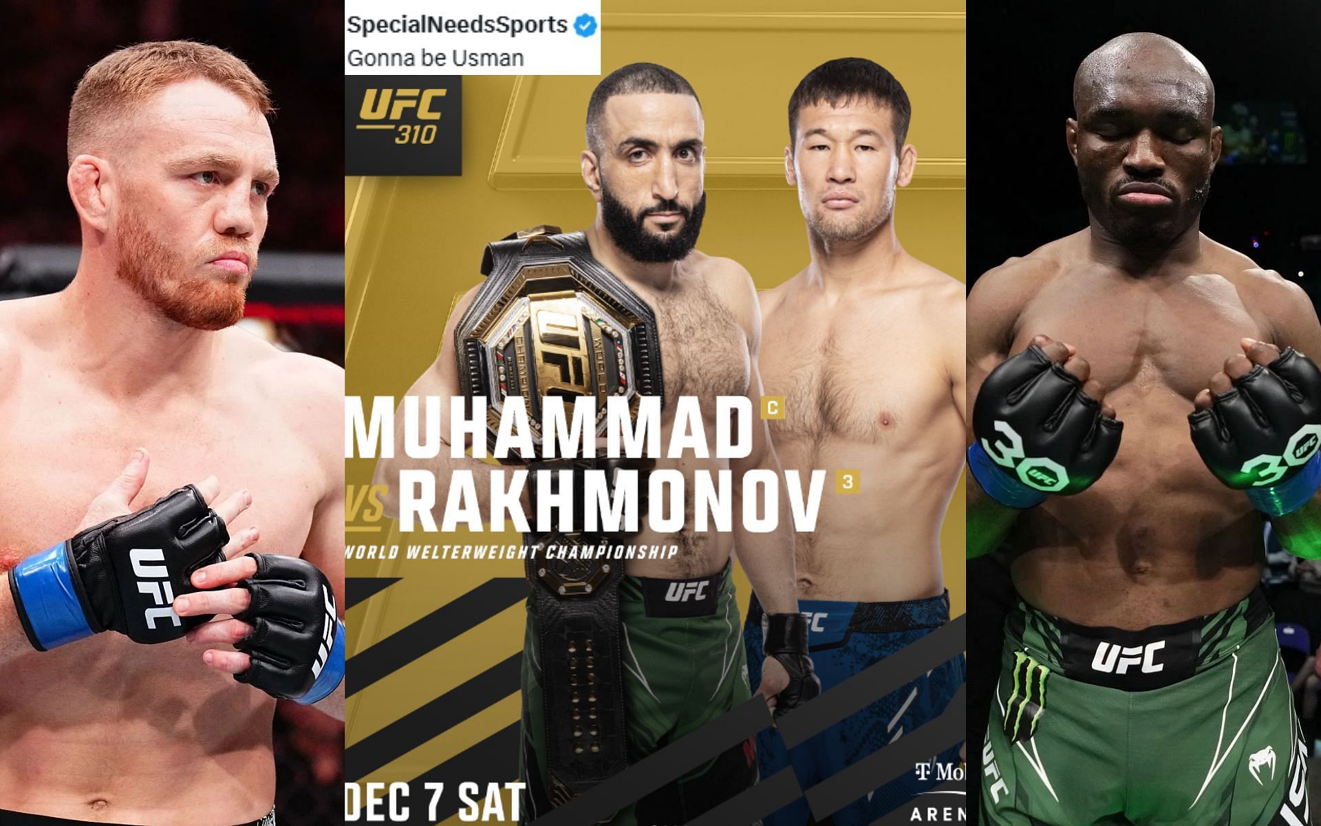 Belal Muhammad out of fight with Shavkat Rakhmonov (middle), according to reports, with fans suggesting Jack Della Maddalena (left) or Kamaru Usman (right) as replacements [Images courtesy: Getty Images, @ufc on Instagram]