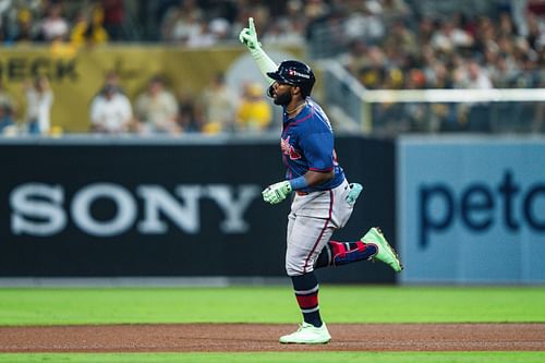 Michael Harris II celebrates after hitting a home run against the San Diego Padres in game two of the wildcard series - Source: Getty