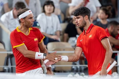 Rafael Nadal (L) and Carlos Alcaraz (R) at the 2024 Paris Olympics (Image Source: Getty)