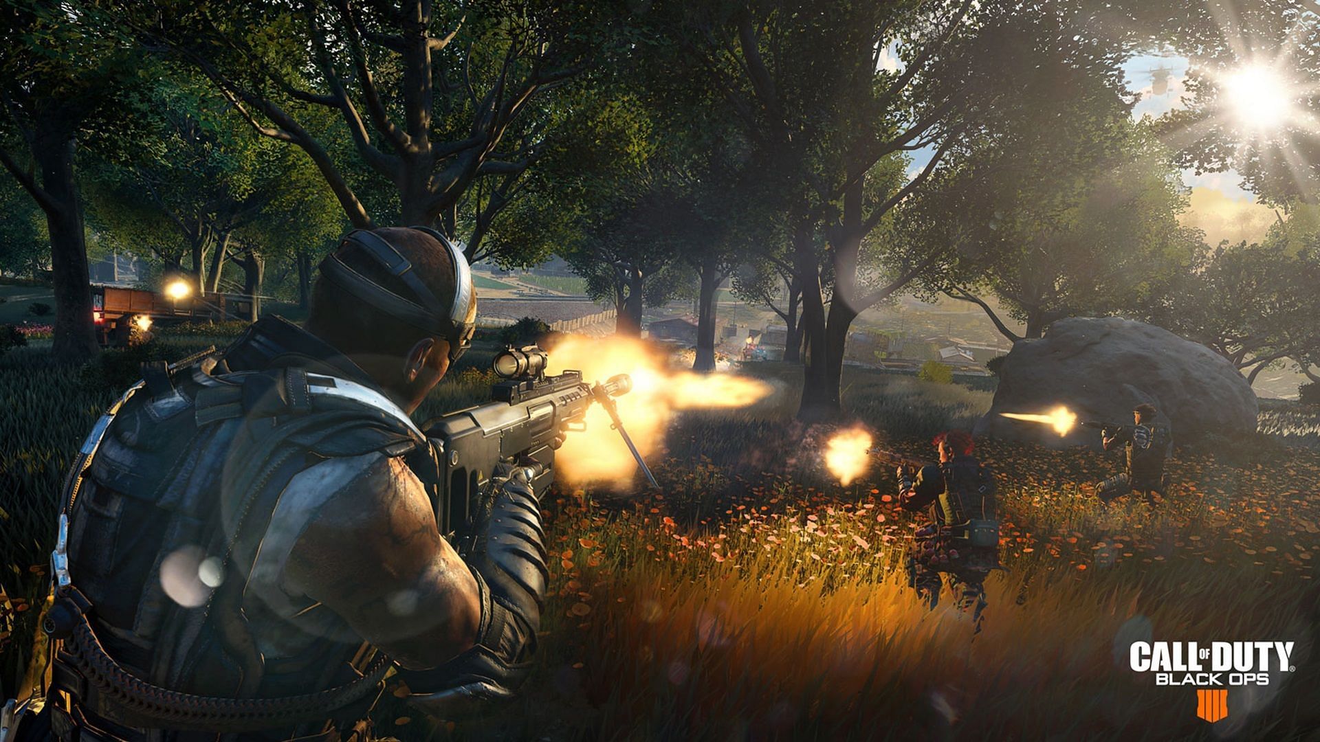 Three Operators in Blackout shooting their enemies in a forest