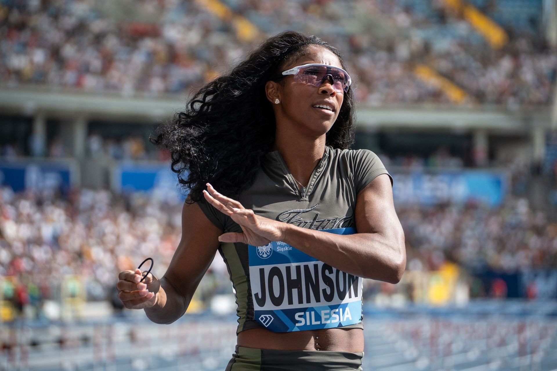 Alaysha Johnson running the 100m hurdles at the Diamond League Silesia. 2024 Kamila Skolimowska Memorial. - Source: Getty