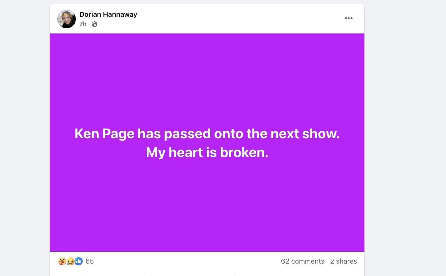 Dorian Hannaway posted about the Broadway actor&#039;s death. (Image via Facebook)