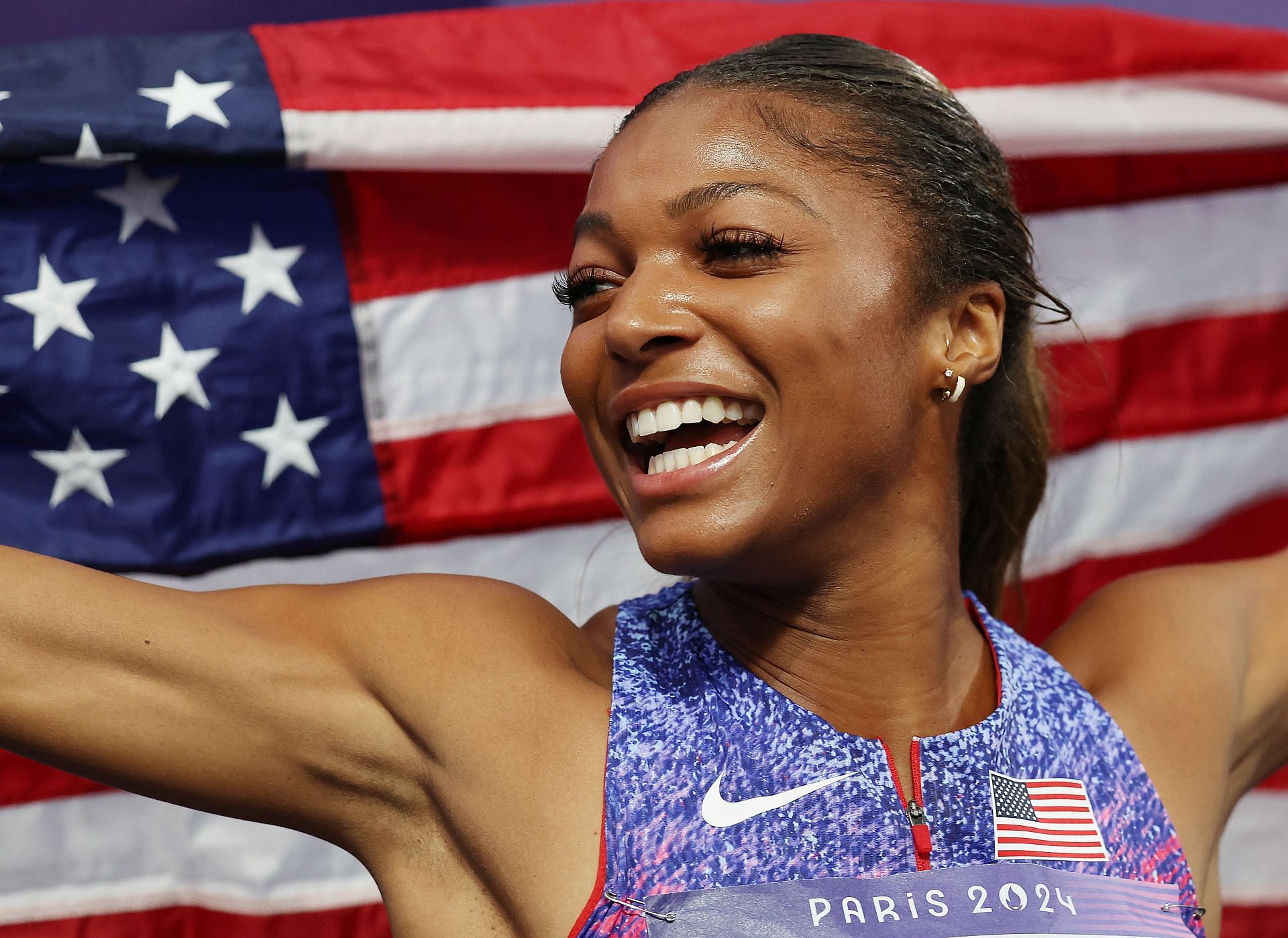 Gabrielle Gabby Thomas of Team United States celebrates victory in the Women&#039;s 200m final at the Olympic Games 2024 at Stade de France in Paris, France. (Photo by Getty Images)