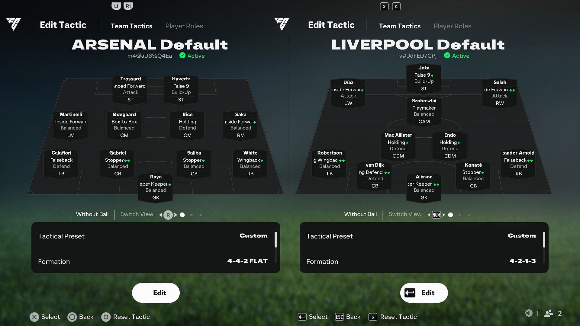 Arsenal vs Liverpool: Player Roles (Image via EA Sports)