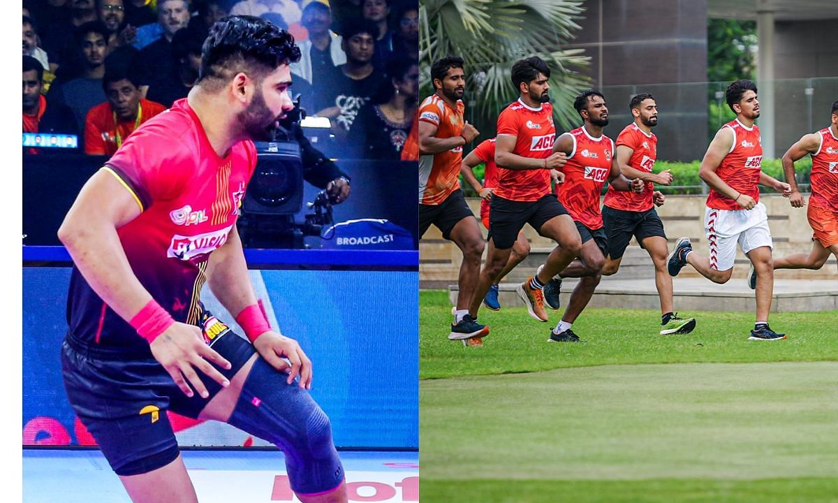 परदीप नरवाल और गुजरात जायंट्स टीम (Photo Credit - @BengaluruBulls/@GujaratGiants)