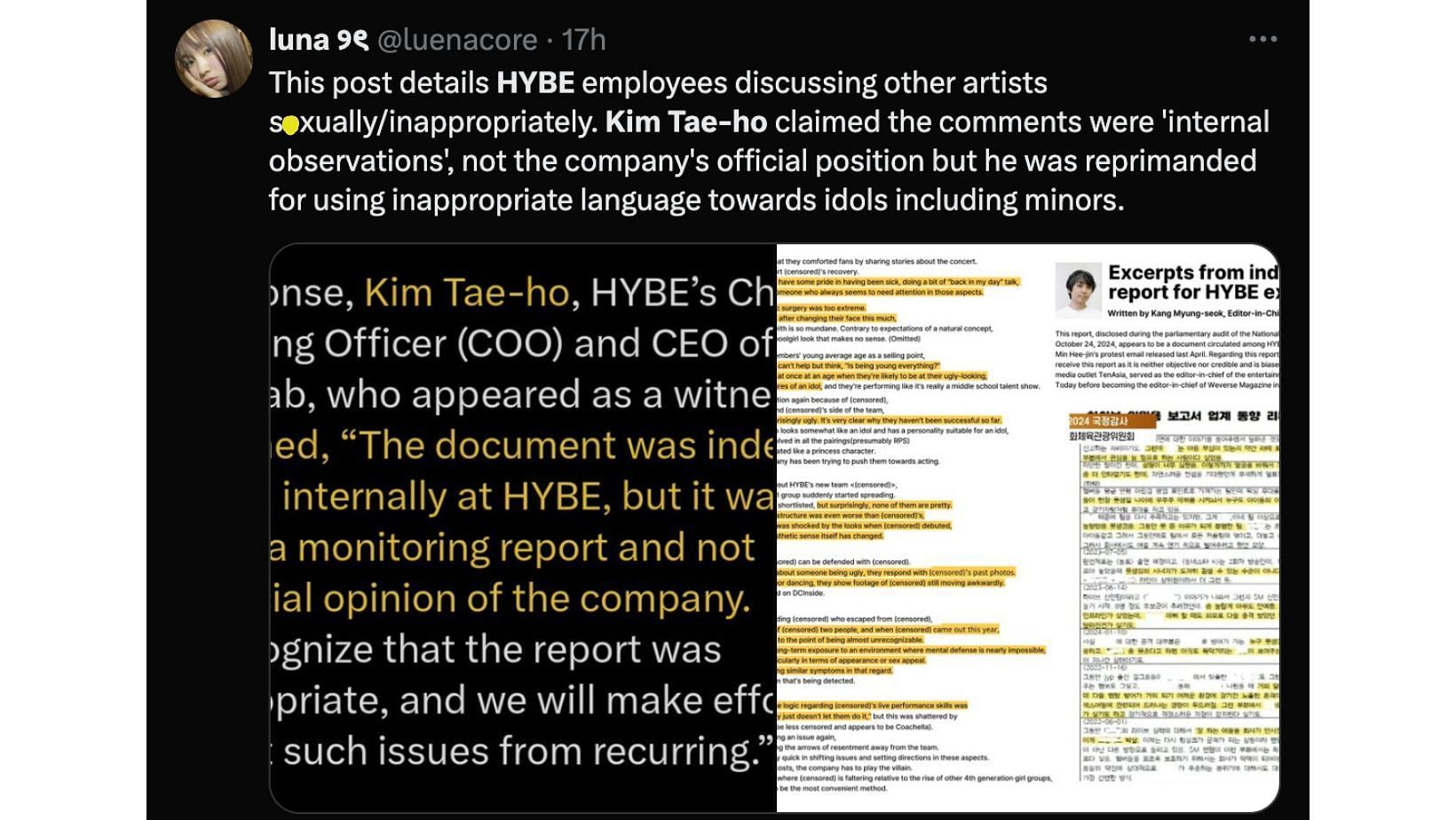 HYBE COO Kim Tae-ho issues an apology. (Image via X/@luenacore)