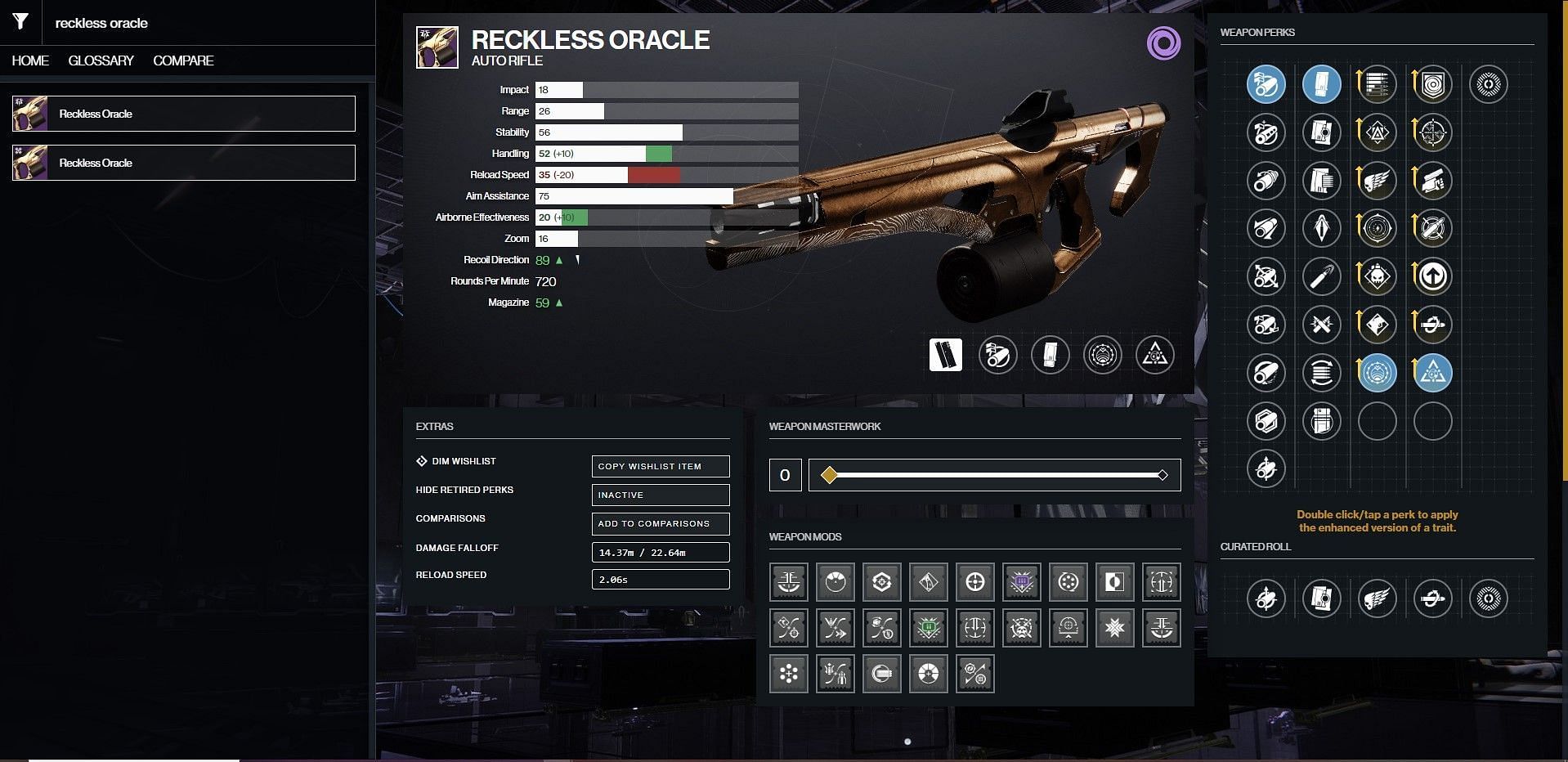 Reckless Oracle PvE god roll (Image via Bungie/D2Gunsmith)