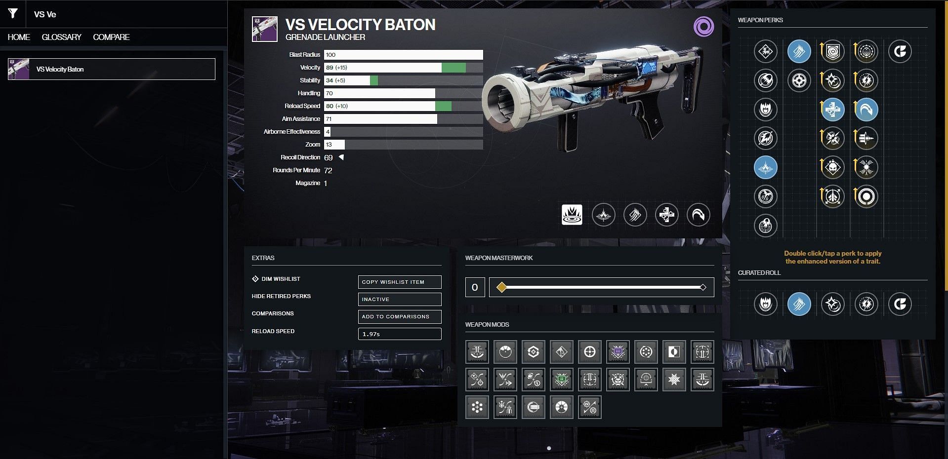 VS Velocity Baton PvP god roll (Image via Bungie/D2Gunsmith)