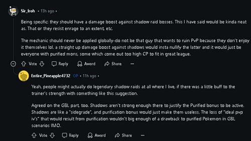 Giving Purified Pokemon a boost against Shadow Raid Bosses would be the most possible for Niantic to add (Image via Reddit)