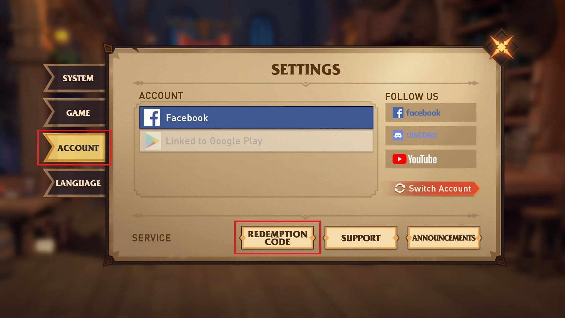 Click the Redemption Code button to enter the redemption menu (Image via Century Games)