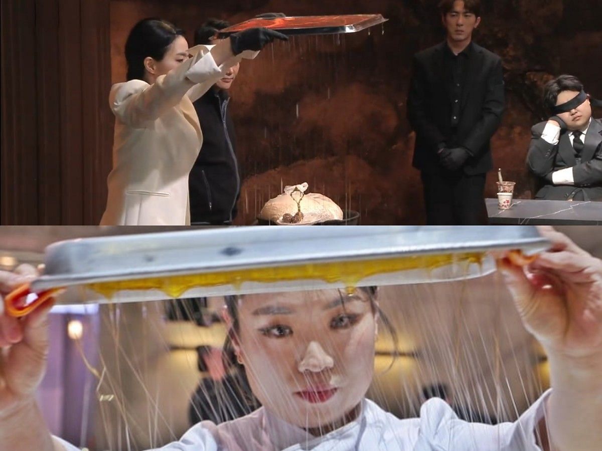 The skit recreates Chef Jeong Ji-seon&#039;s sugar craft, &#039;Shiraegi Bath Black Vinegar Gangjeong.&#039; (Image via Netflix and Coupang Play)