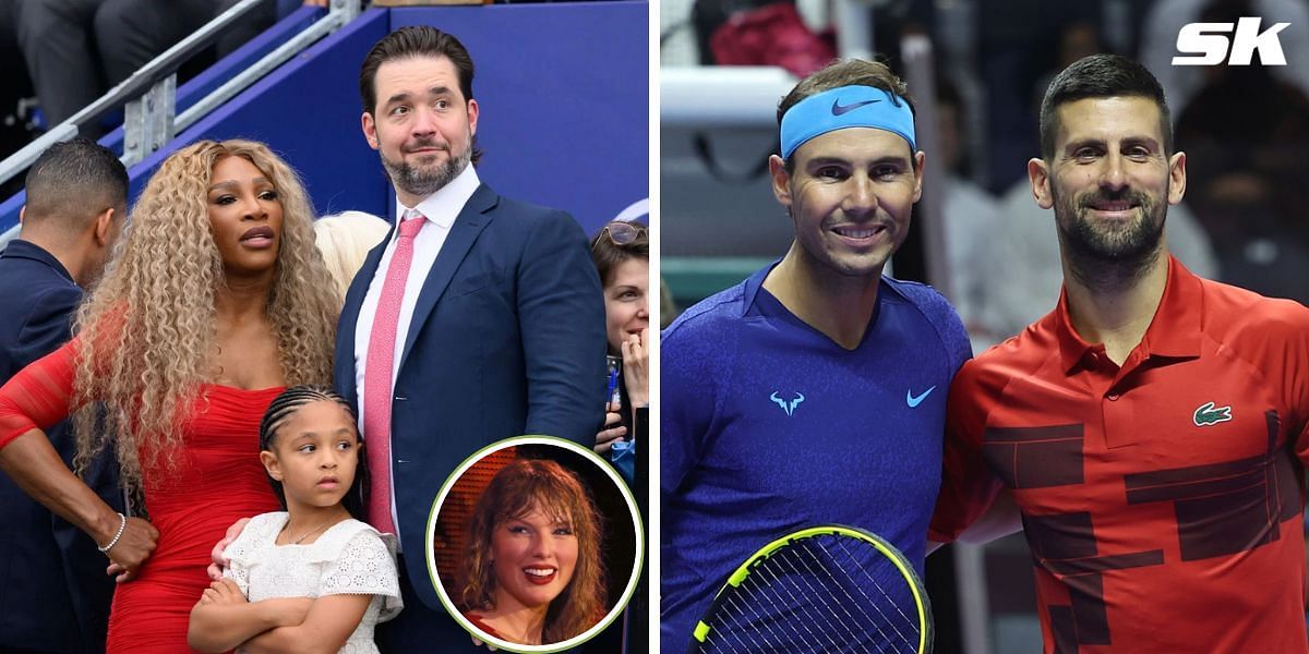 Serena Williams and family (Left), Taylor Swift (Inset), Rafael Nadal and Novak Djokovic (Right) (Image source: Getty)